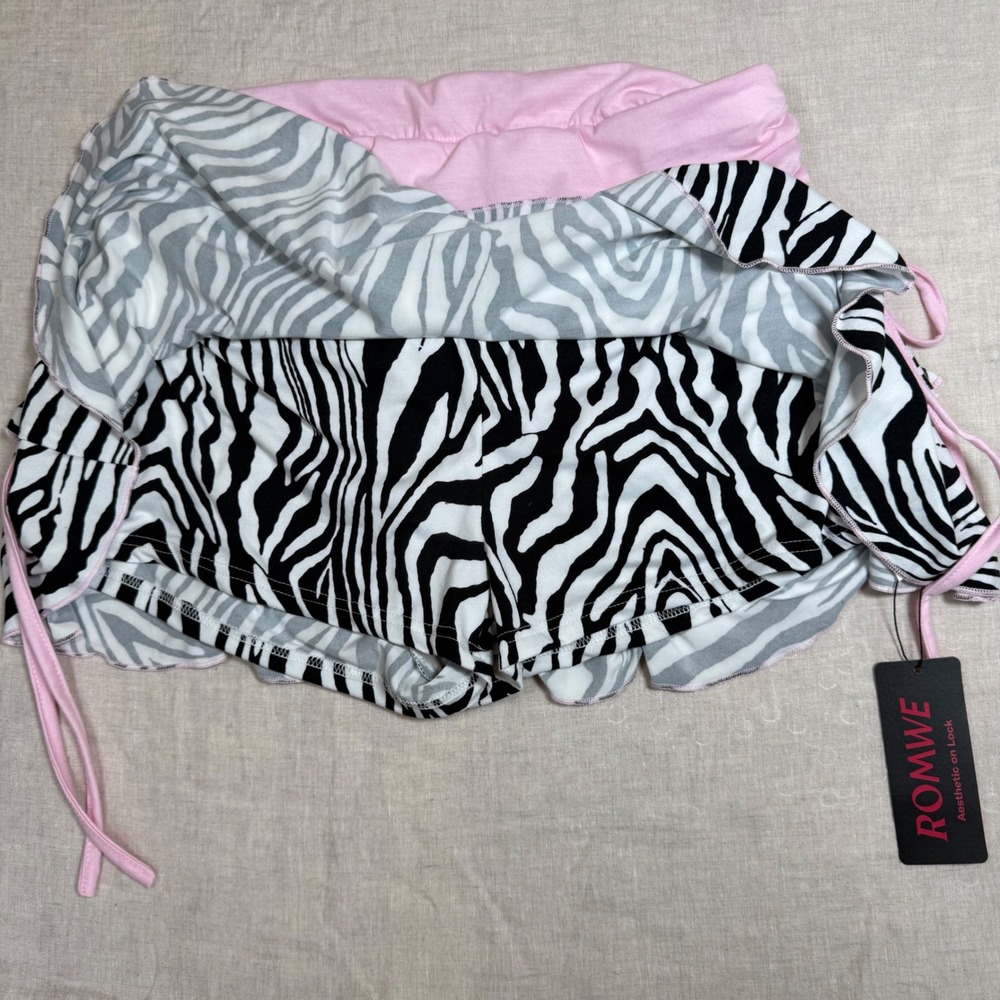 Romwe Zebra Halter Skirt Set Womens 1XL Pink NEW Y2K Ruffle Lace Trim - Picture 5 of 9
